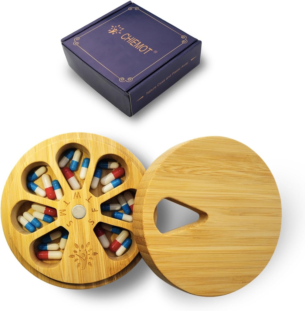 Bamboo tre ukentlig pilleorganisator for medisin vitamin Supplement, artritt vennlig 7-dagers pille boks middels containerholder, daglig bærbare reisepille keeper dispenser