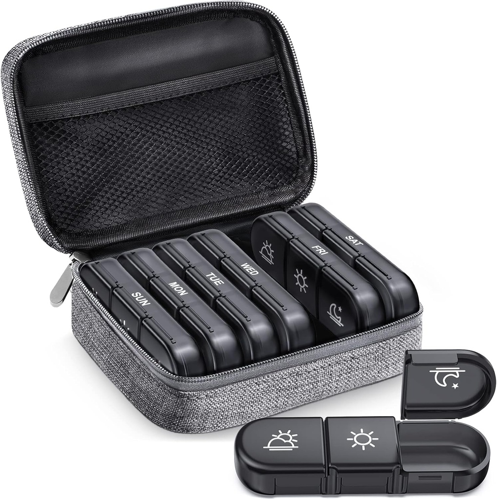 ZIKEE Stor ukentlig Pille Case Organizer 3 ganger om dagen, bærbar lys bevis Canvas Bag Pille Box 7 dag for å beskytte din personvern og butikken medisinering, vitamin, fiskeolje, Supplement (Grey)