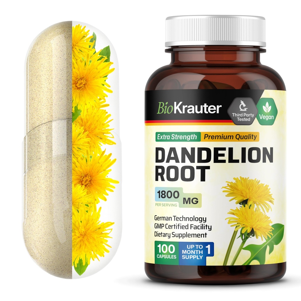 BIO KRAUTER Dandelion Root Kapsler - 1800 mg Styrke - 100 greve - Dandelion Root Supplement - Vegan Kapsler for Liver Support