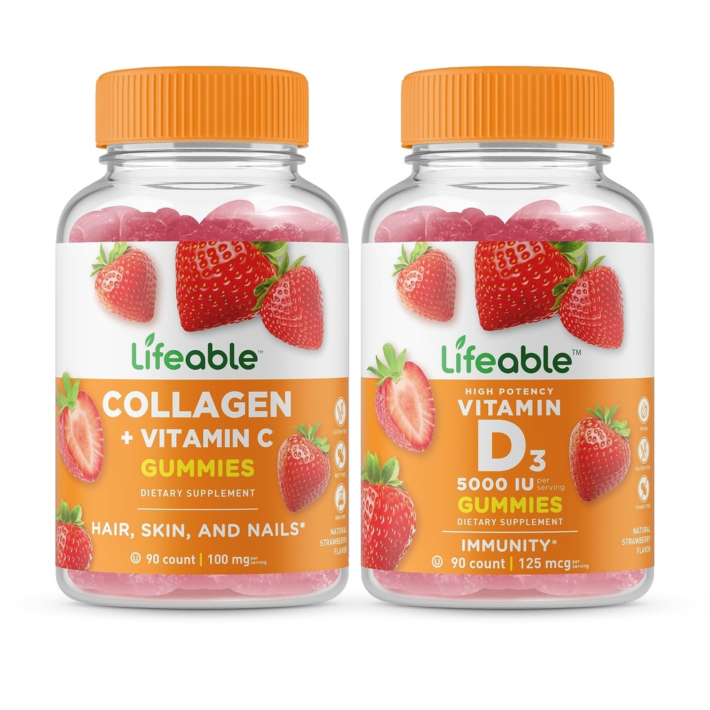 Livbar kollagen & vitamin C + vitamin D 5000 IU, Gummies Bundle - Great Tasting, vitamin Supplement, Glutenfri, GMO Gratis, Chewable Gummy