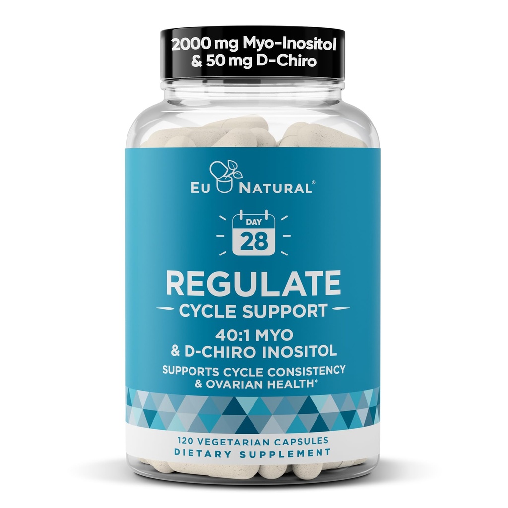 Reguler syklusstøtte – Hormonbalanse for kvinner på Optimal 40:1 Myo-Inositol 2000 mg & D-Chiro Inositol 50 mg – Supplement for periodens konsistens, menstruasjonsstøtte – 120 Vegankapsler