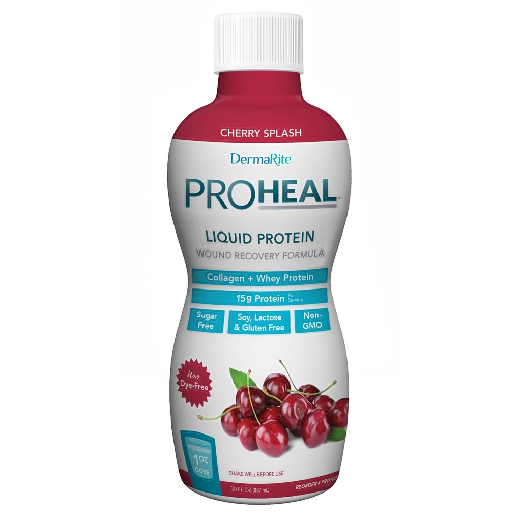 DermaRite ProHeal Protein Supplement - flytende protein sår gjenoppretting formel, 15g kollagen og Whey Protein - Cherry Splash Flavor, 30 oz., 1 greve