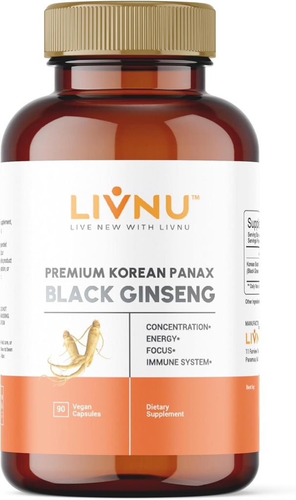 LivNu Premium koreansk svart Panax Ginseng | høy Ginsenosides for energi, fokus, ytelse, Stamina, og immunstøtte | Vegan piller