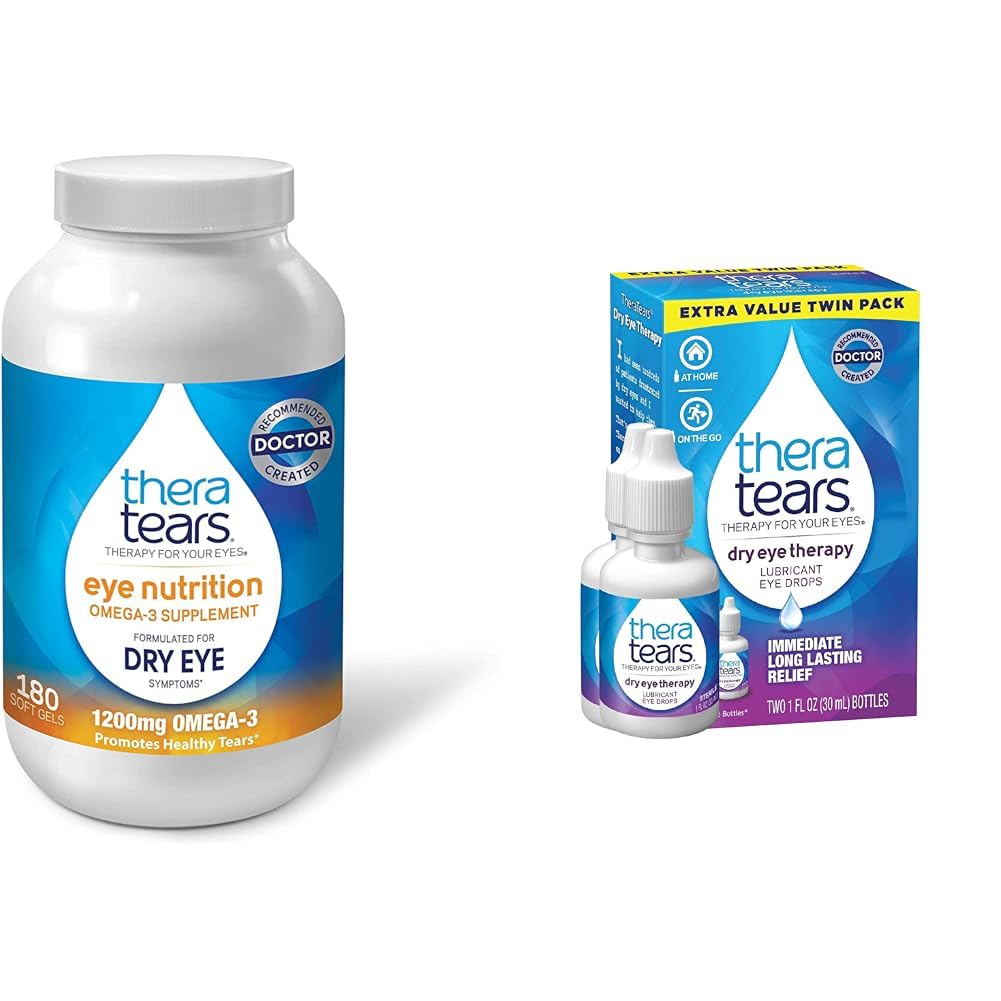 TheraTears 1200mg Omega 3 Supplement for Eye Nutrition, Organisk Flaxfrø Triglycerid Fiskeolje og vitamin E, 180 Antall og tørr Øyeterapi Smørende Øyedråper for tørre øyne, 1 floz flaske Twin Pack