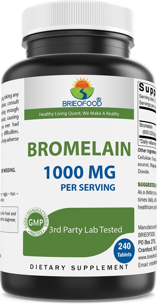Brieofood Bromelain 1000mg per servering 240 tabletter - Proteolytisk Digestive Enzyme - støtter sunn digestion, felles helse, næringsrik absorpsjon