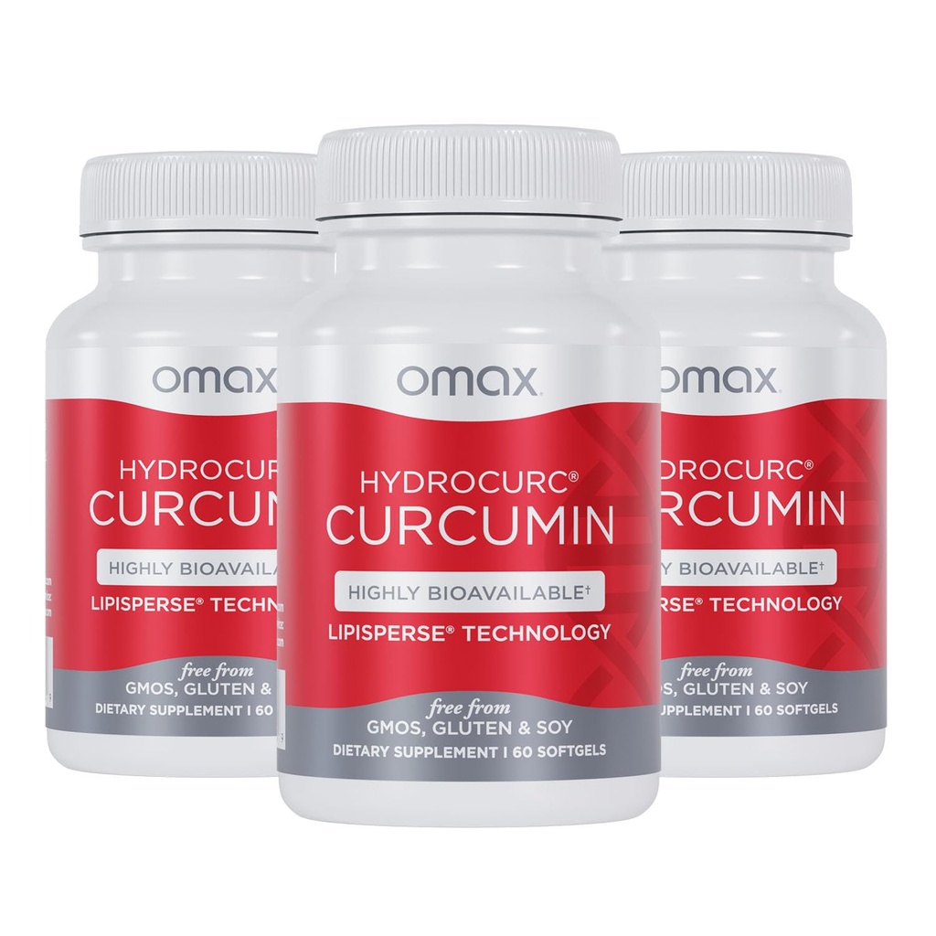 Omax3 HydroCurc Turmeric Curcumin Softgels, meget biotilgjengelige MCT oljenanopartikkel for potens og absorpsjon, felles helse, 180 Softgels (3 pakke)