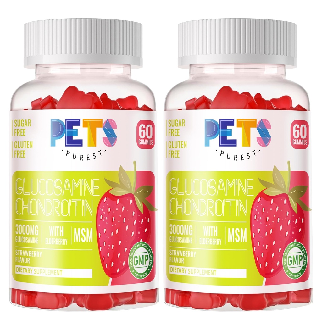 Kjæledyr Purest Glucosamine Chondroitin Gummies med MSM & Elderberry Extra Styrke - Felles støtte, Antioksidant Immune Support Supplement for voksne, menn og kvinner. (2 Pack) Jordbær
