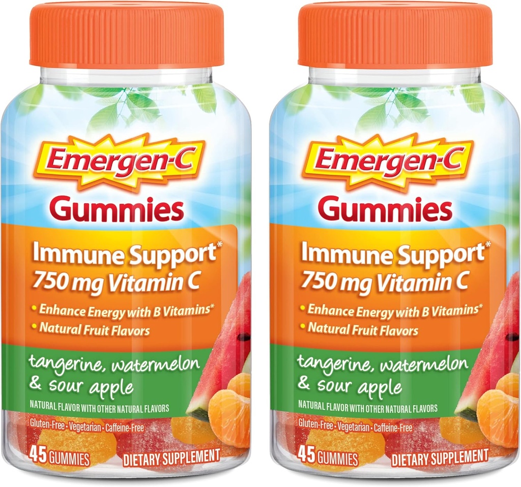 Emergen-C-vitamin C Gummies, kosttilskudd for immunstøtte, Tangerin, Vannmelon og Sour Apple Flavor - 45 greve x 2 (Pack of 2)
