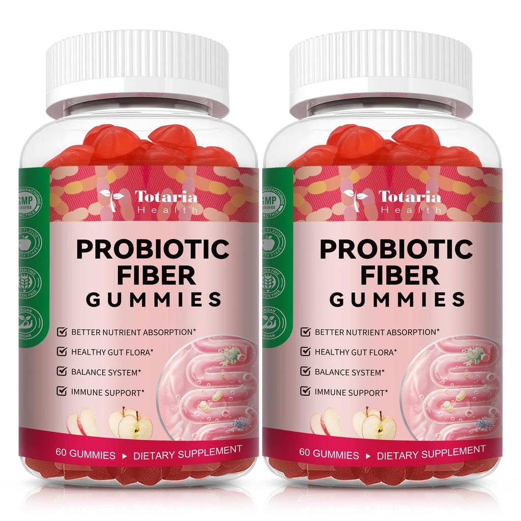 9-i-1 Probiotiske Fiber Gummier for voksne og tenåringer 16G Fiber per servering, Psyllium Fiber Supplement med 5 milliarder CFU Bacillus Coagulans, Inulin, ACV for Digestive, Gut & Immune Wellness - 2 flasker