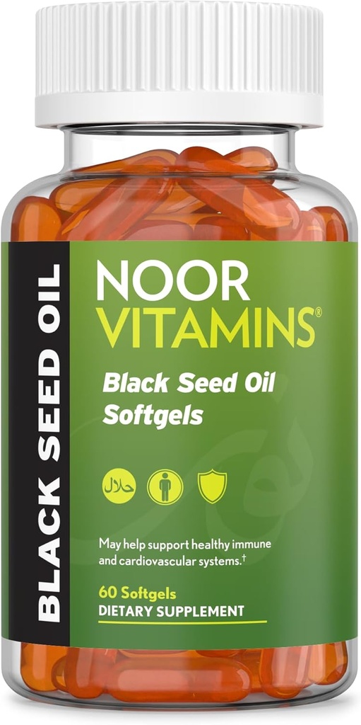 Noor vitaminer Halal Svart Seed Olje Kapsler, Halal Vitaminer, 1000 mg Svart Seed Olje fra Nigella Sativa, Thymoquinon, Ikke-GMO, Glutenfri, 60 Count