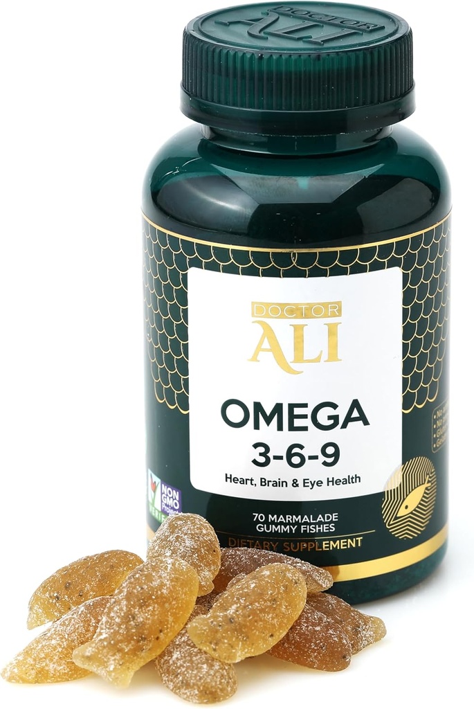 Doctor ALI - Vegansk Omega 3-6-9 Gummies | Fisk-fri, ikke-GMO, organiske ingredienser | Hjerne, hjerte og visjon Støtte for voksne og barn | Gelatin-fri | Glutenfri | 70 greve