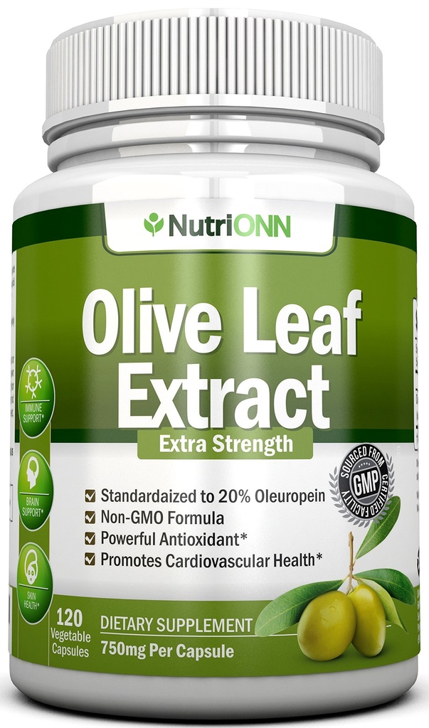 Olive Leaf Extract - 750 Mg - 120 Kapsler - Ekstra styrke - 20% Oleuropein - Ikke-GMO Formula - Premium kvalitet fra ren olivenblader - Kraftig antioksidant - Flott for hjerte, hud og hjerne