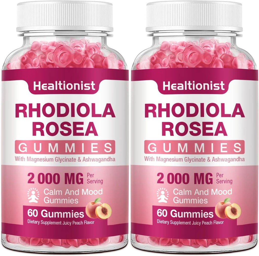 2 Pakker Sukkerfri Rhodiola Rosea Gummies Adaptogen Rhodiola Rosea Supplement & Cortisol Blocker for ytelse, Stamina, Mood & Motivation - Non-GMO, 120 Vegan Chews