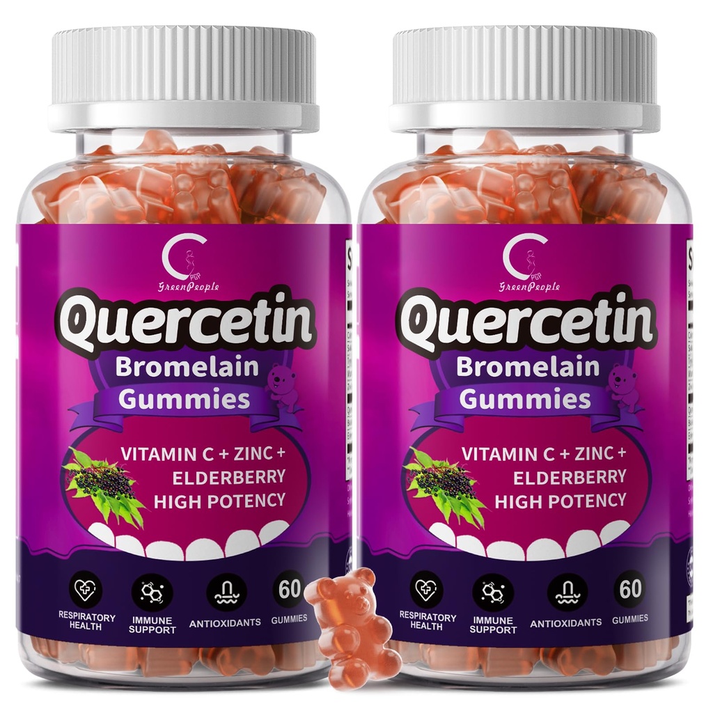 Quercetin Gummies - Quercetin med Bromelain, vitamin C, sink & eldrebær, ekstra styrke immunsystem Booster, Lung støtte Supplement for voksne barn - 60 Quercetin Gummies (2 pakke)