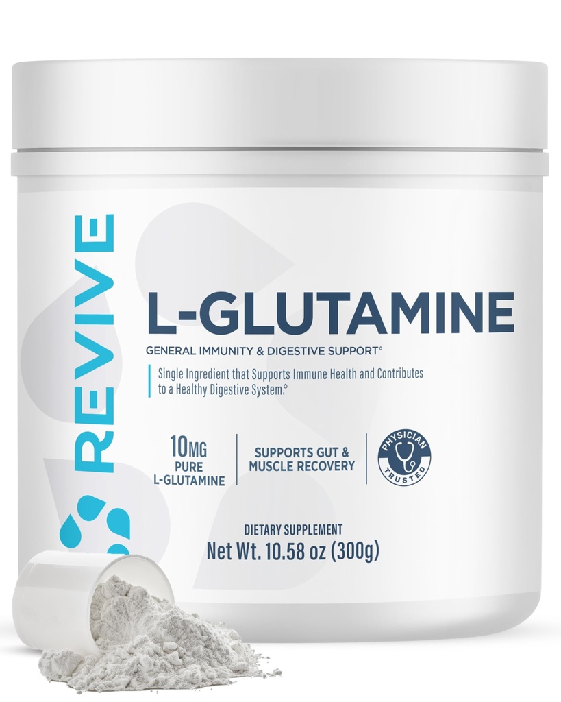Revive Gut L-Glutamine pulver MD - Muskelgjenvinning og immunsystem Booster for voksne - fremmer digestiv helse og reduserer muskelsorg - immunisme og digestion Vegan ren L Glutamin Supplement