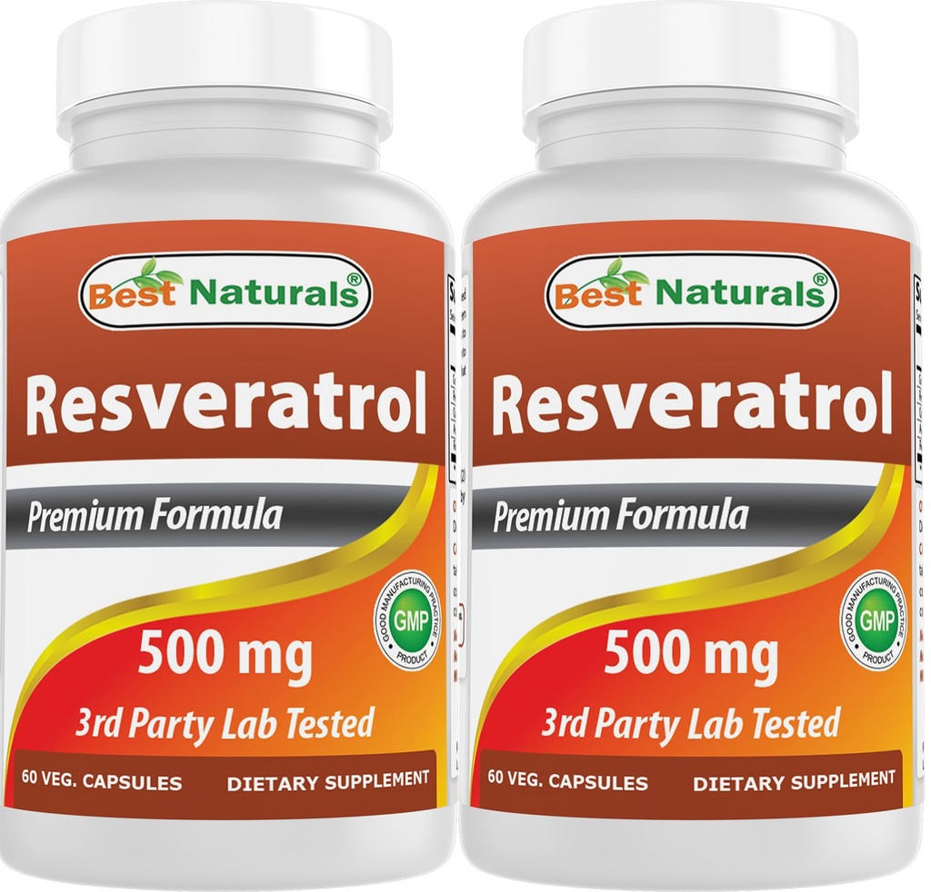 Best Naturals 2 Pakker Resveratrol Complex 500 mg 60 Veg Kapsler laget med Grape Hud, Rødvin, Quercetin - Glutenfri & Ikke GMO - (Totalt 120 Kapsler)