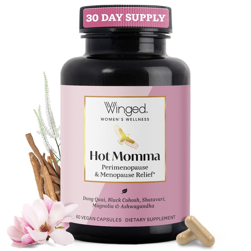 Winged wellness Hot Momma Menopause kosttilskudd for kvinner - Hormon-fri Menopause Relief støtte for varme blits og natt sviter med Chaste Tree Berry, multivitaminer og mer - 60 Vegansk kapsler