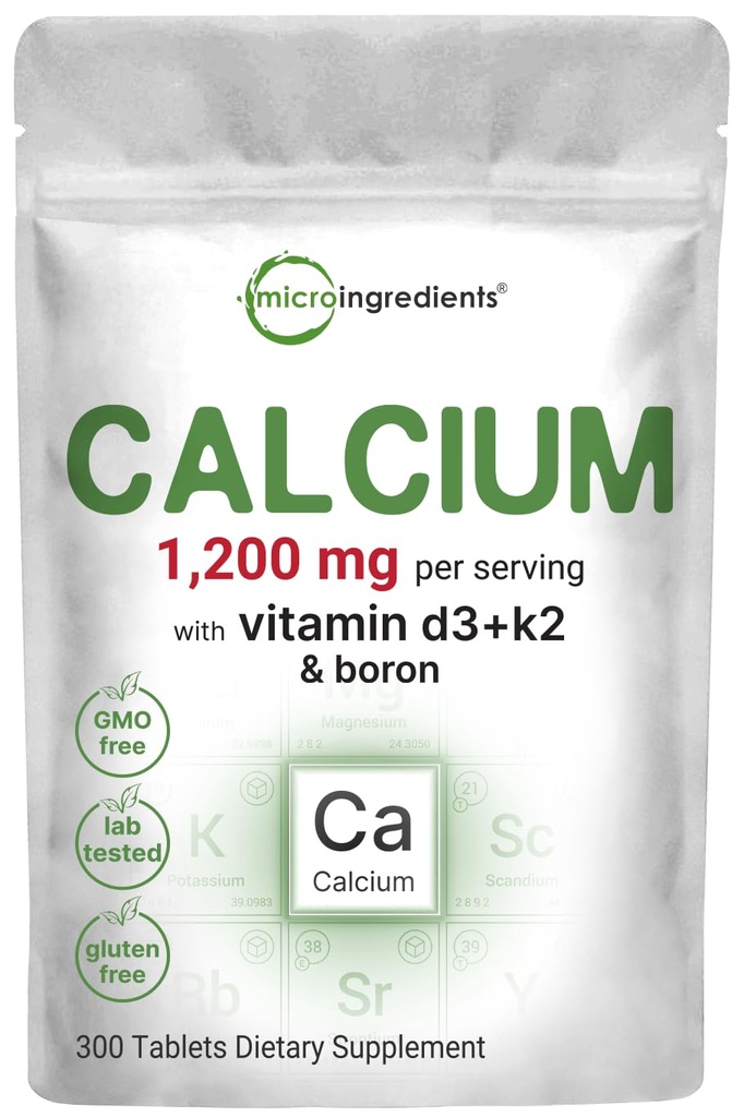Mikroingredienser Kalsium 1200mg med vitamin D3 & K2, 300 tabletter | Kalsiumtilskudd for kvinner og menn | Mineral kompleks støtte ben, tenner, kolon og kardiovaskulær helse | Ikke-GMO, Glutenfri