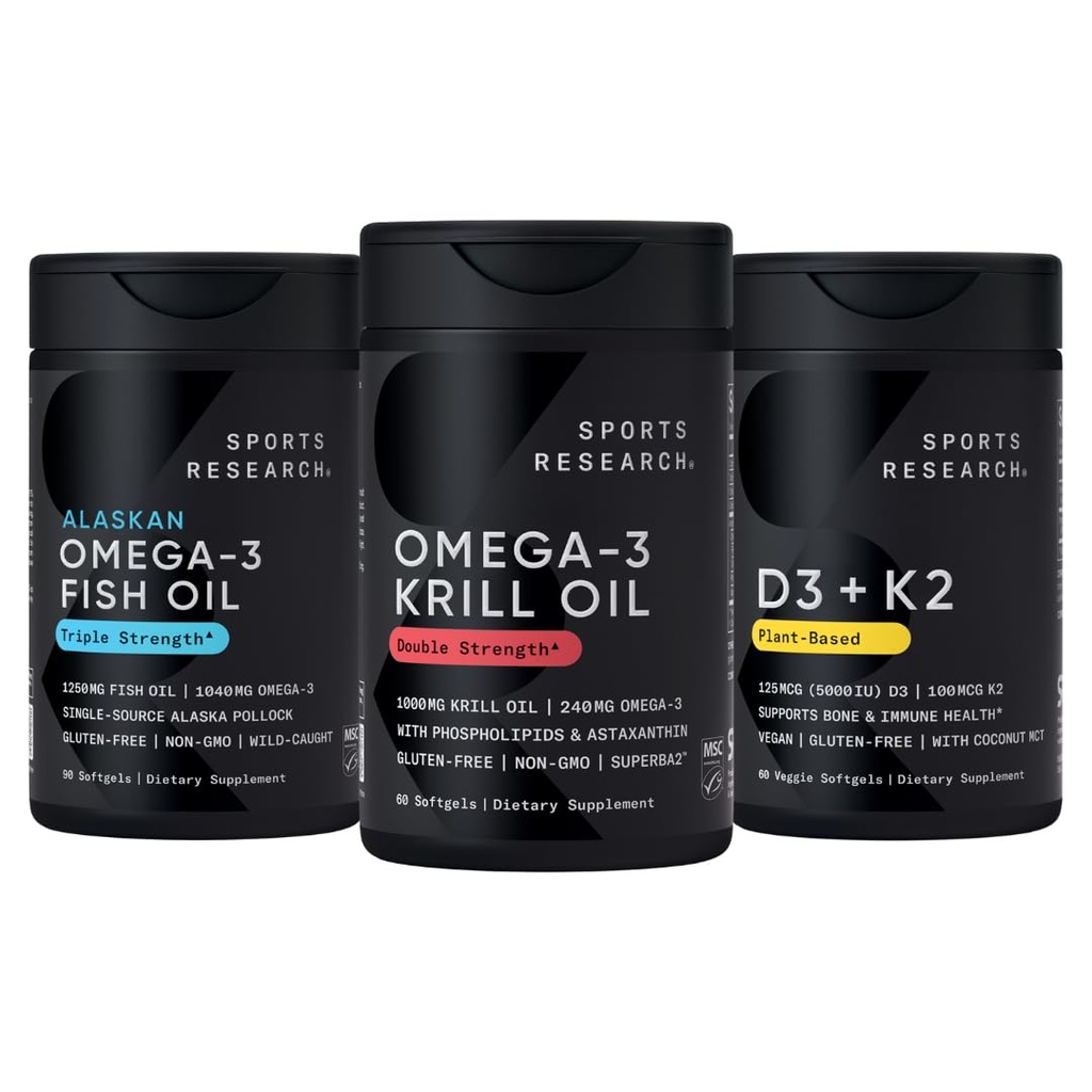 Idrettsforskning Antarktis krill olje Omega 3 1000mg (Dobbel styrke) med Fosfolipider, Choline & Astaxanthin, Triple Styrke Omega 3 Fish Oil Single-Source Wild Alaska Pollock 1250mg, Vitamin D3 K2