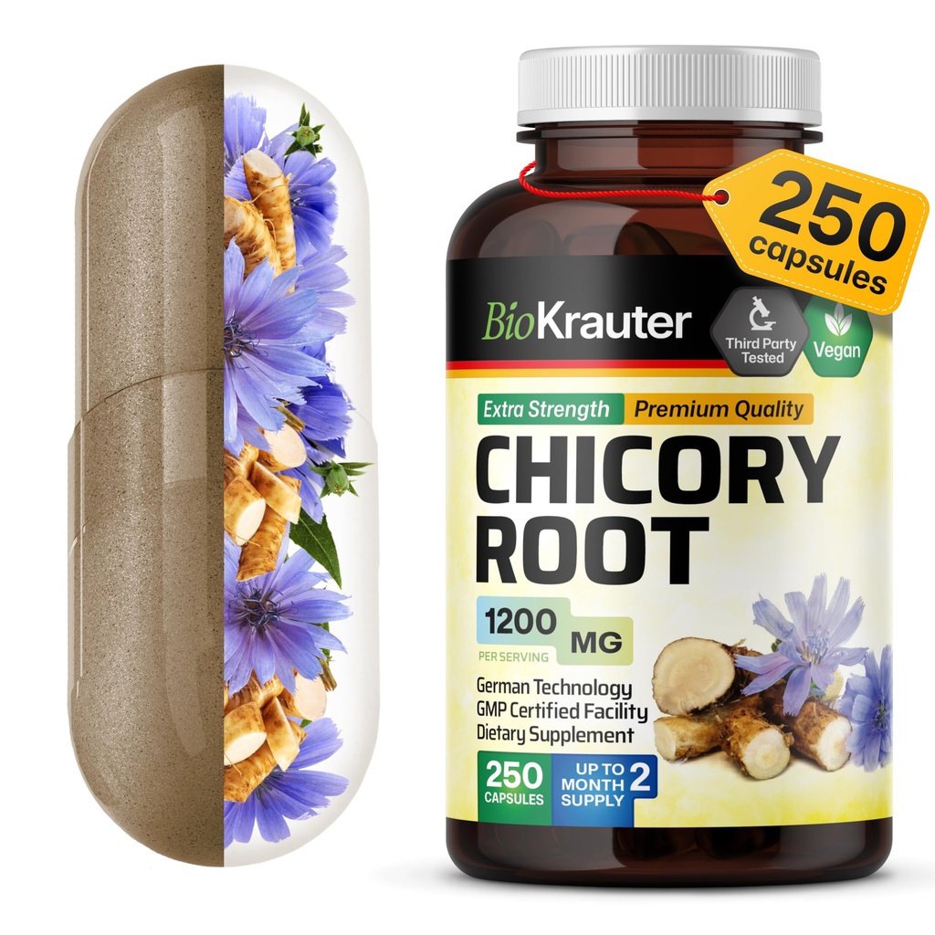 BIO KRAUTER Chicory Fiber Supplement - 1200 mg Styrke - 250 greve - Chicory Root Powder - Inulin Kapsler for digestiv støtte - Vegan