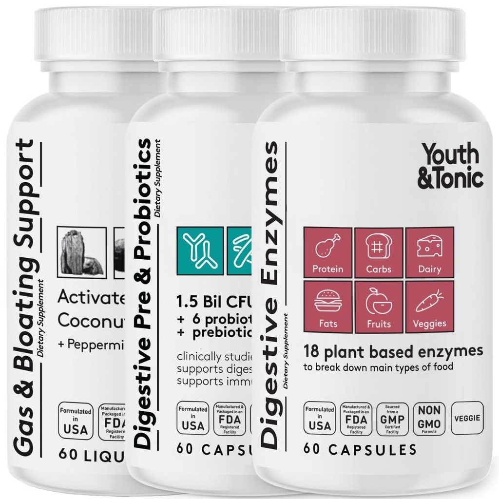 Ungdom & Tonic Digestion Mage støtte & Detox for regelmessighet, gass & blooting & Gut helse. Alle typer Digestive enzymer Probiotika & Prebiotika Charcoal Peppermynt & Organic Coconut Oil 180 piller