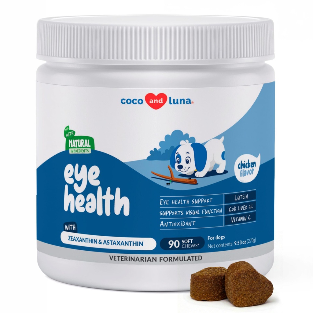 Øye støtte for hunder - 90 Myke Chews - Hundetilskudd for visjon, Øyevitaminer for hunder, med Cod Liver Oil Antioksidant, Hunde Omega Supplement, Omega 3 EPA og DHA fettsyrer.