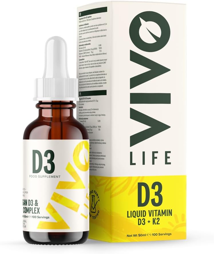 Vivo Life - Vitamin D3 K2, 50 ml flytende komplekse dråper, 2000iu av D3, Vegansk helse supplement for menn og kvinner, 100 serveringer