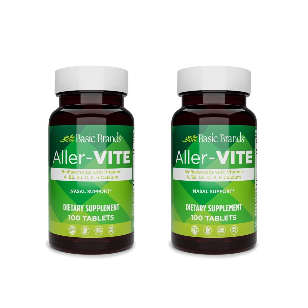 Grunnleggende merker Aller-Vite - Naturlig Allergy Relief Tabletter - Homeopatisk Sinus & Nasal Støtte med Bioflavonoider, vitaminer A, B2, B5, C, E & Kalsium - 100 Vegan Tabletter - 2-Pack