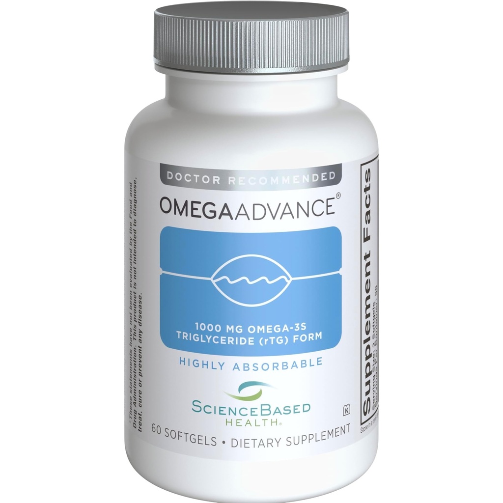 OmegaAdvance Omega-3 Fish Oil - Triglycerid Form med 1000 mg EPA & DHA - Plus Lutein & Zeaxanthin - støtter hjerte, hjerne helse og øye helse - sitron coated - 60 softgels