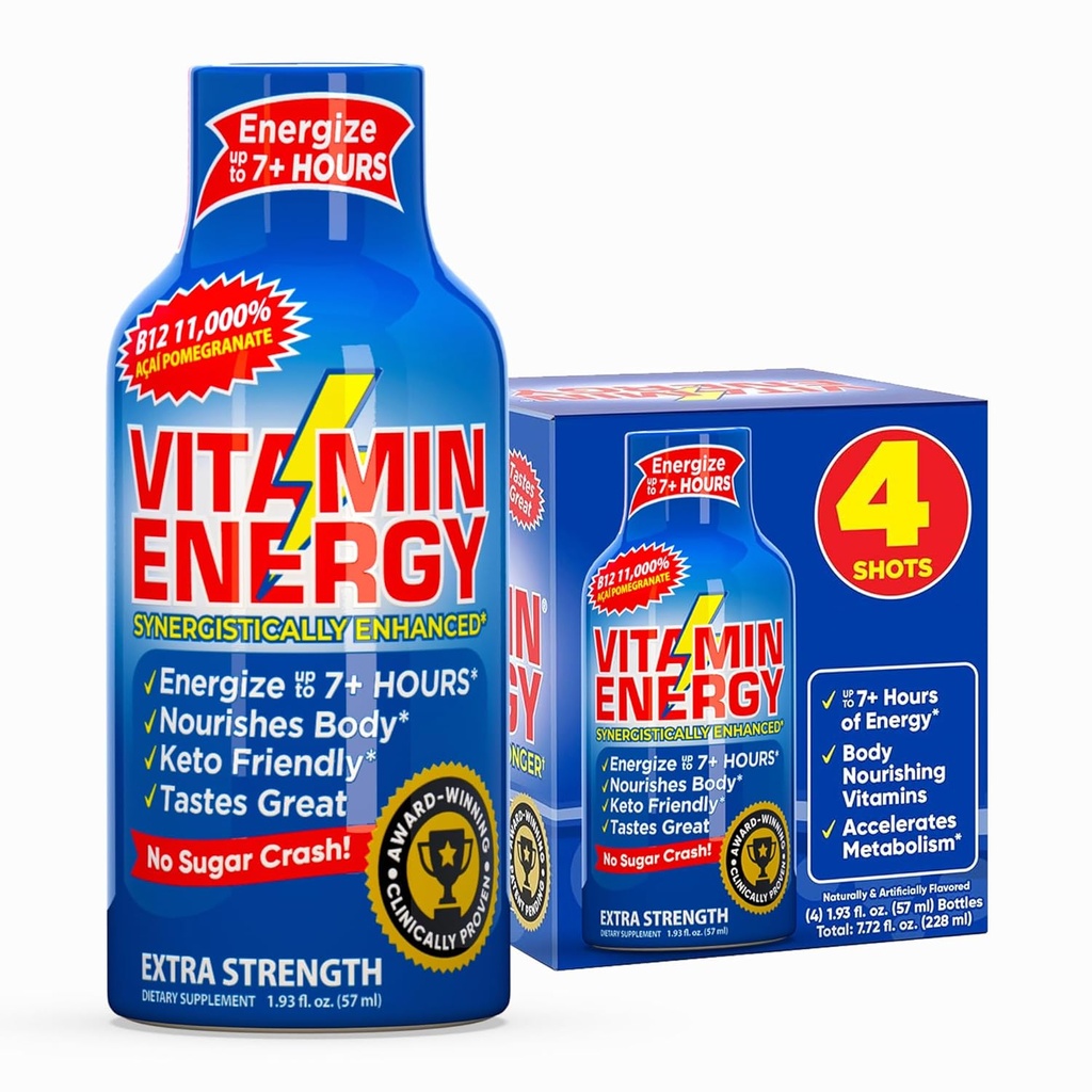 Vitamin Energi B12 11 000% Ekstra Styrke Energi Shot Açaí Pomegranat 4 Pack, 260 mg Naturlig Koffein, B12 & B6, Nootropisk Fokus, Vitalitet, Null Sukker, Glutenfri, Vegan, Kosher, 1,93 fl oz