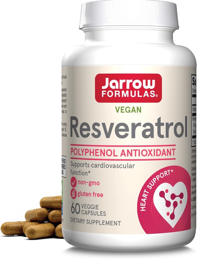 Jarrow Formulas® Resveratrol 100 mg, kosttilskudd, Antioksidant støtte for kardiovaskulær funksjon, 60 Veggie Kapsler, 60 dagers forsyning