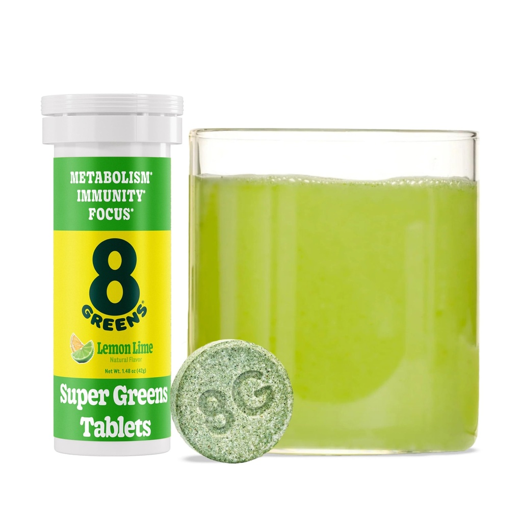 8Greens Supergreens Tabletter Super Greens Powder Superfood Tablett, Metabolisme Immunitet & Fokus, Daglige Grønne Effervescent Tabletter, Økologisk: Aloe Vera, Spirulina, Klorella, Lemon Lime, 10 Serveringer