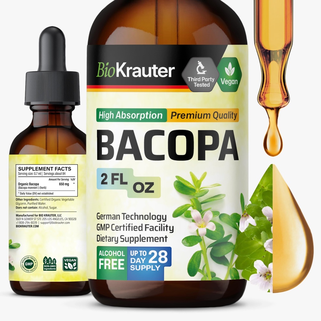 BIO KRAUTER Bacopa Monnieri Drops - Brain Support Brahmi Supplements - flytende Bacopa Supplements - alkohol og sukker gratis - Vegan 2 Fl.Oz.