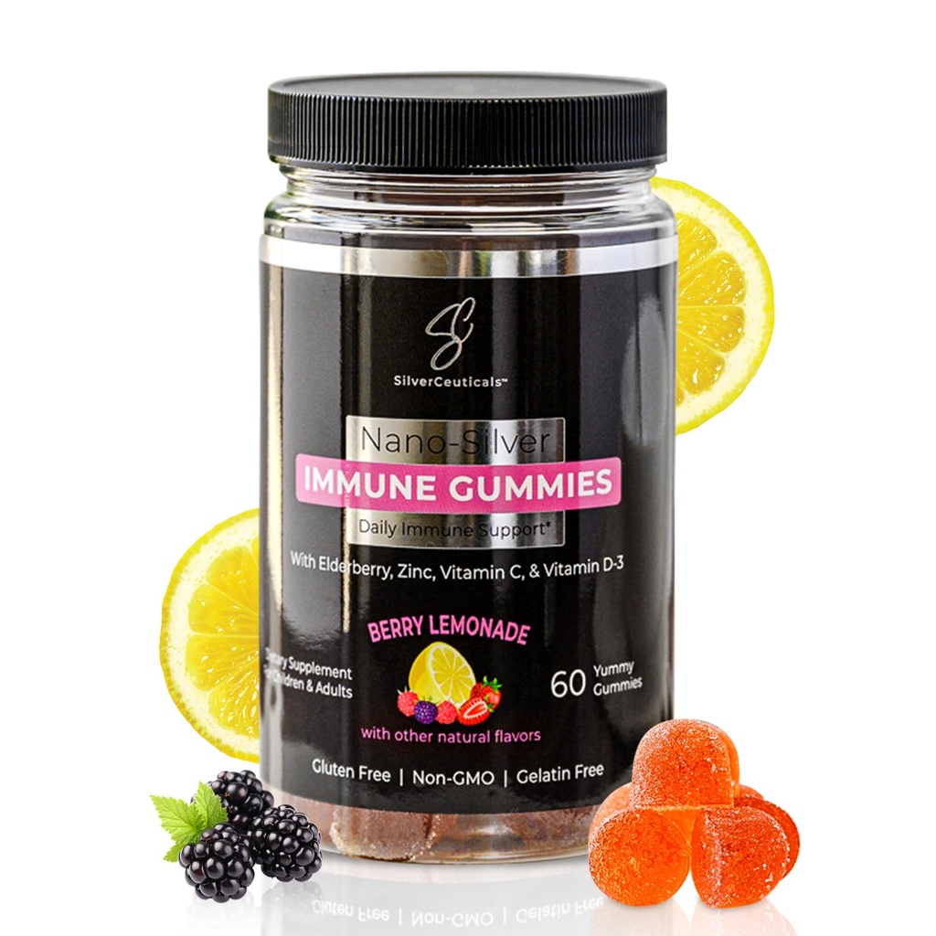 Immune Gummies - Sambucus Elderberry - Vitamin C & D - Sink - Spar syke dager - Barn og voksne - Trygge aldre 4 og opp - Nano Colloidal Silver - Gluten & Gelatin Gratis Ikke-GMO - Berry Lemonade - 60 Telling