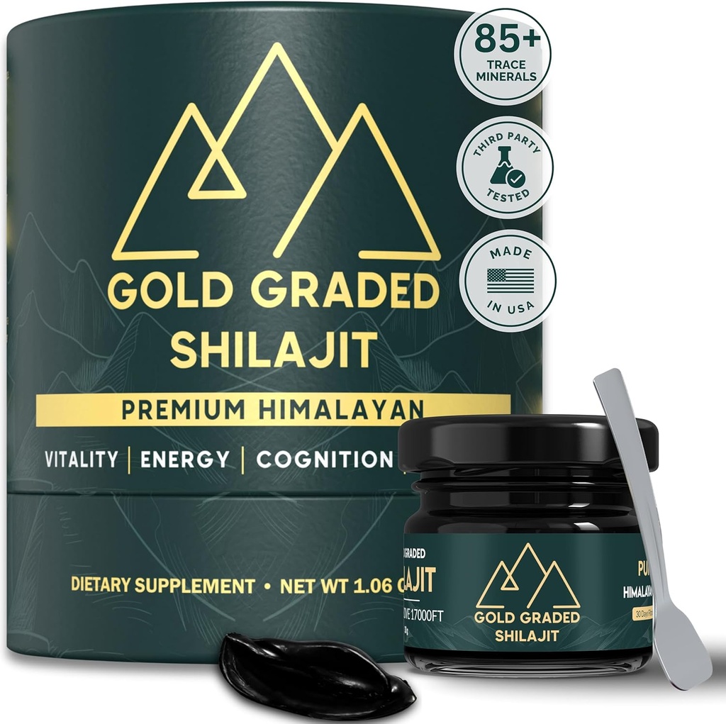 Shilajit Resin ® 500mg høy styrke, Shilajit ren Himalayan Organic, 85+ Spor Mineraler & Fulvic Acid ® Shilajit for energi og immunstøtte ® Gold Grade Shilajit, Shilajit for menn og kvinner ® 30g