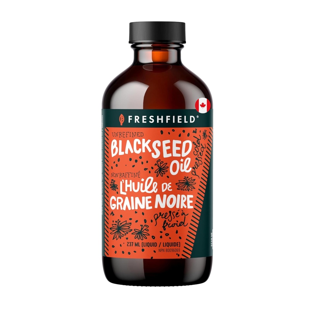 Freshfield Svart frøolje | Vegansk Vennlig, Thymoquinon, Premium (Black Cumin Seed Oil, Nigella Sativa) | Kaldt presset | Ultra styrke | Ren og 100% naturlig. 8 oz flytende