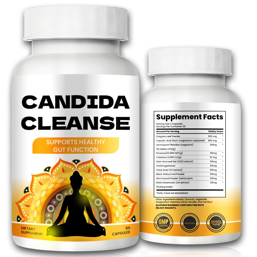Candida Cleanse - Gut & Colon støtte, Avansert Formel - Oregano Leaf, Wormwood, Svart Walnut, Caprylsyre