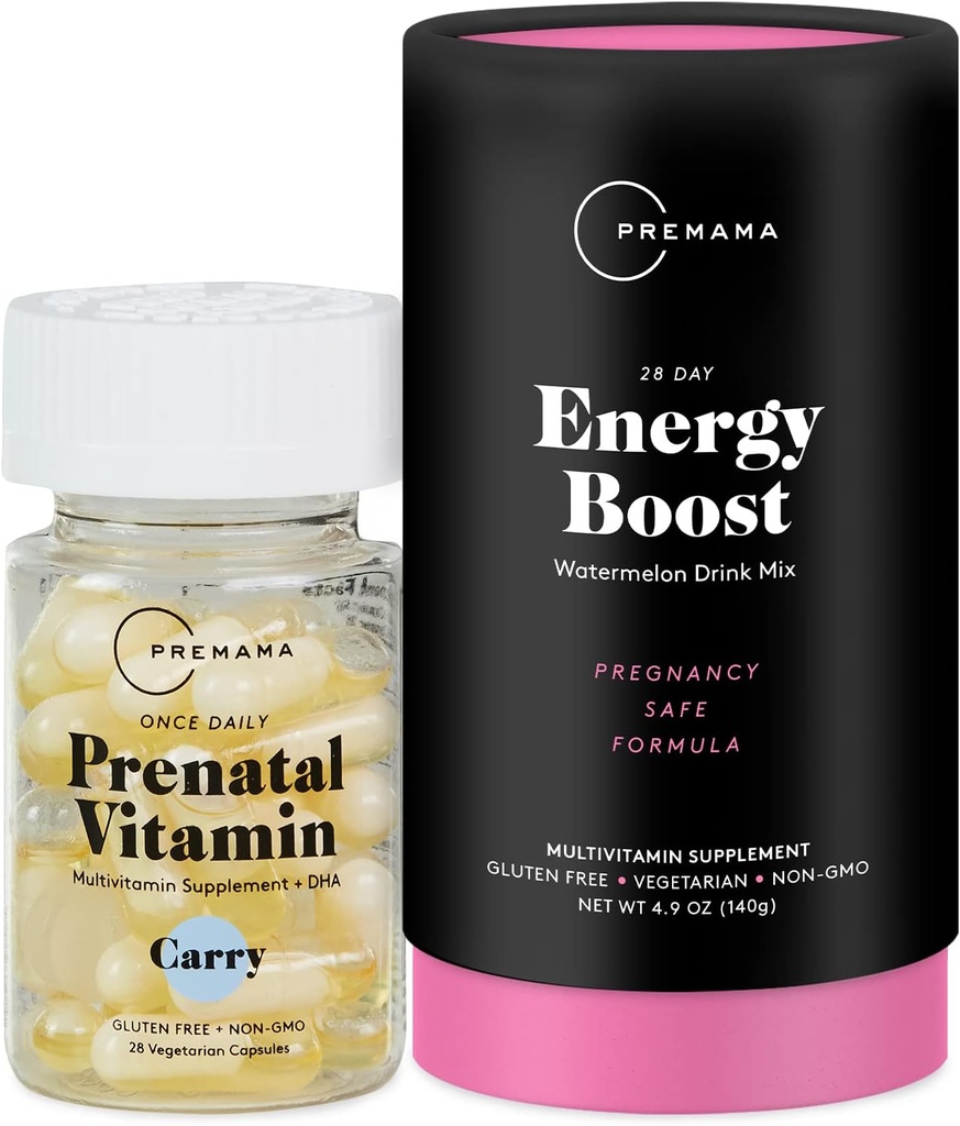 Premama Prenatal Vitamin Energi Økt Drink Bland & Prenatal Support Bundle, Omega 3, B Vitaminer, DHA, Folat, 28 Serveringer