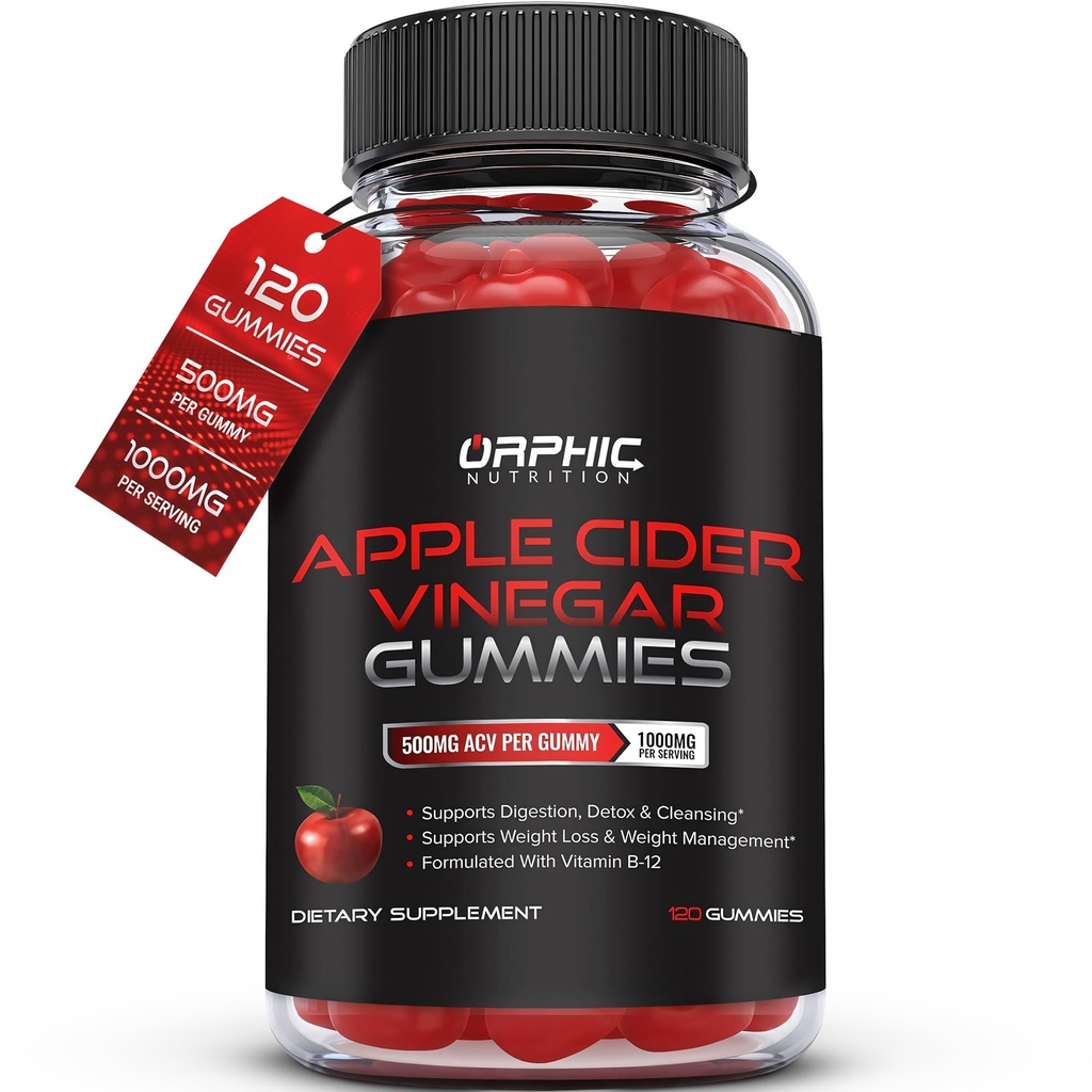 ORPHIC NUTRITION Apple Cider Vinegar Gummies - 1000mg - ACV Vekttap Gummies - Støtter Digestion, Detox & Cleansing - VIT B12, Beetroot - Gomitas de Vinagre de Manzana (120 stk)