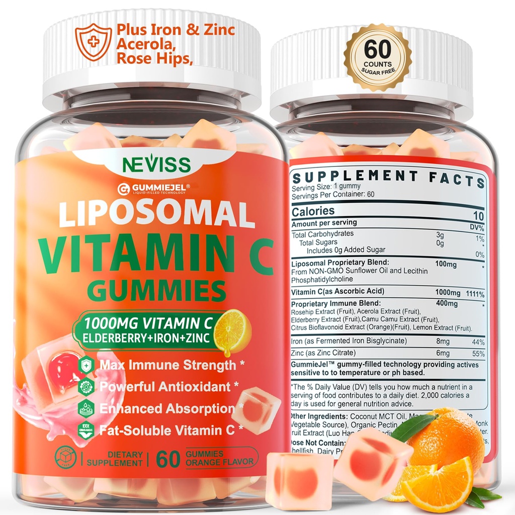Liposomal vitamin C 1000mg Gummies for voksne - Vitamin C Chewable med eldrebær, sink og 8mg jern, sukker gratis vitamin C kosttilskudd, daglig immun støtte Gummies for energi, collagen Booster 60 greve