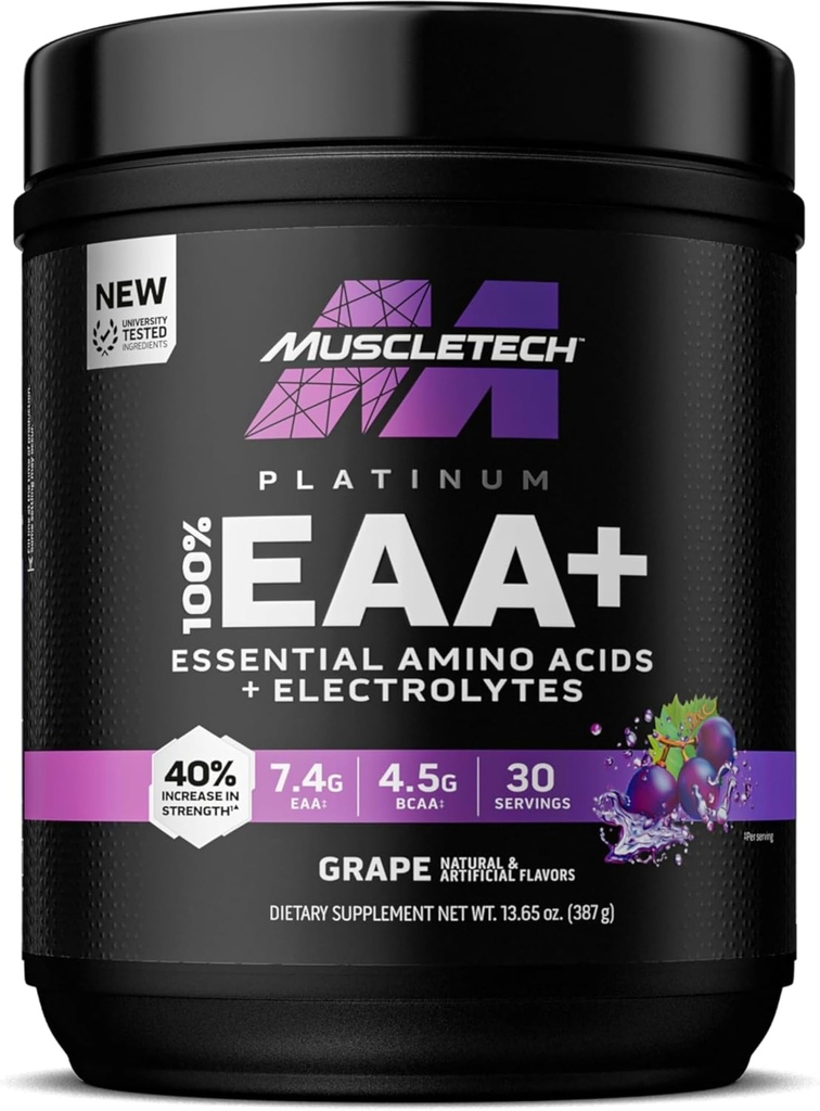 MuscleTech Platinum Essential Aminosyrer Supplement med elektrolytter, Grape - Pre-Workout pulver for energi, muskelvekst og styrkebygger - EAA kompleks for menn og kvinner - 30 Serveringer