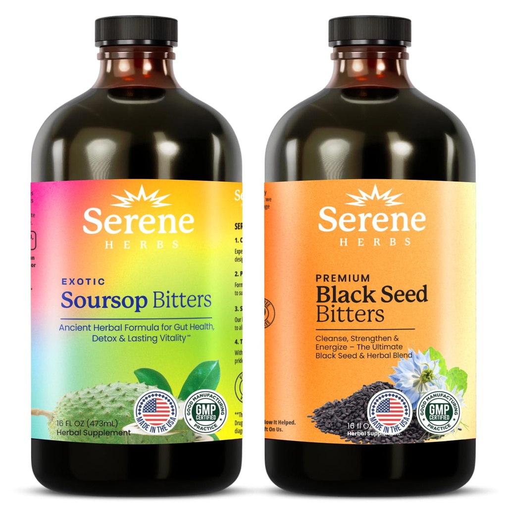 Serene Herbs Soursop Bitters flytende og svart Seed Bundle - Organic Herbal Guanabana for digestiv støtte og immun helse – Vegan, ikke-GMO – 32 oz (16 oz hver), 32 Services