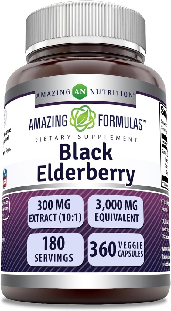 Amazing Formler Sambucus Black Elderberry | 300 Mg Ekstrakt 10:1 (3000 Mg Ekvivalent) | Veggie Capsules | Ikke-GMO | Glutenfri | laget i USA (1 pakke, 360 greve)