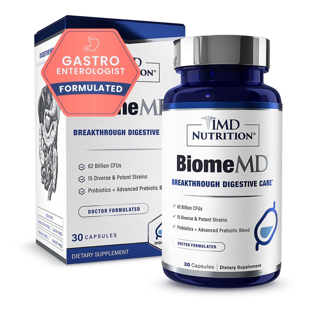 1MD Nutrition BiomeMD Probiotika 62 milliarder CFUs, 15 omfattende Strains - Pro & Prebiotika