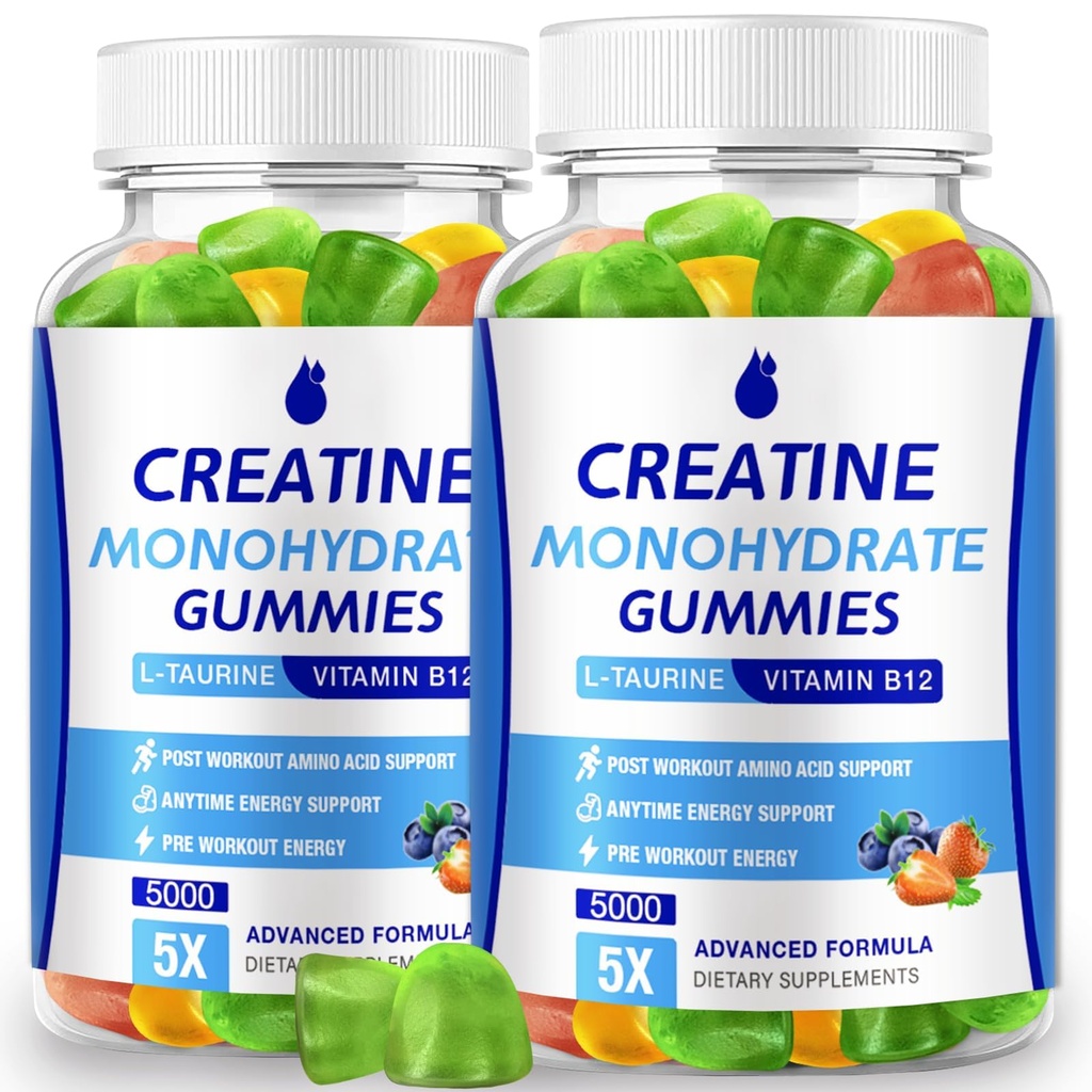 Kreatin Monohydrat Gummies 5000 mg Kreatin for kvinner og menn 2 pakker, Kreatin Monohydrat Chew for økt fokus, muskelstyrke, 5g Kreatin Monohydrat per servering, sukkerfri, Vegan