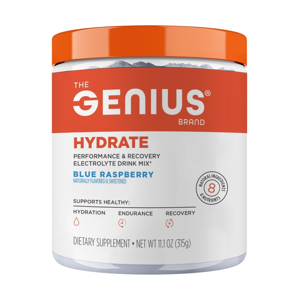 Genius Brand Genius Hydrate - Electrolyte Supplement for daglig hydrasjon - kokosvann - sukkerfri - 8 essensielle mineraler og næringsstoffer - ikke-GMO - blå bringebær - 50 serveringer