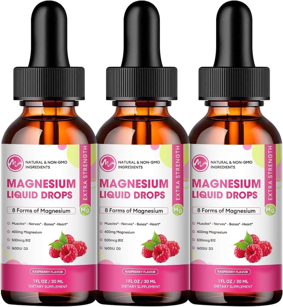 (3 pakke) Magnesium flytende dråper - 8 i 1 Magnesium Complex Supplement med magnesiumglykinat, Citrat, Malat, Taurat, for hjerne, natt, muskel, bein, krummer, bringebær flavor
