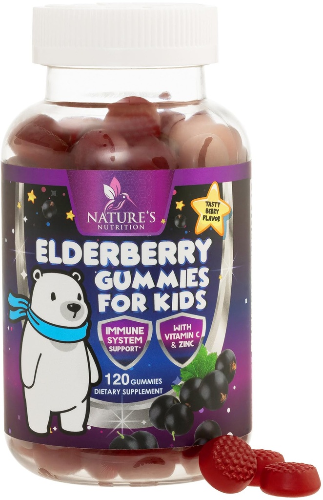 Barns immun støtte eldrebær gummier - Daglige barnevitaminer C, sink og barn immunisme støtte Gummy - Naturens Sambucus Elderbær Supplement, Vegansk, Glutenfri, Tasty Berry Flavor - 120 Gummies