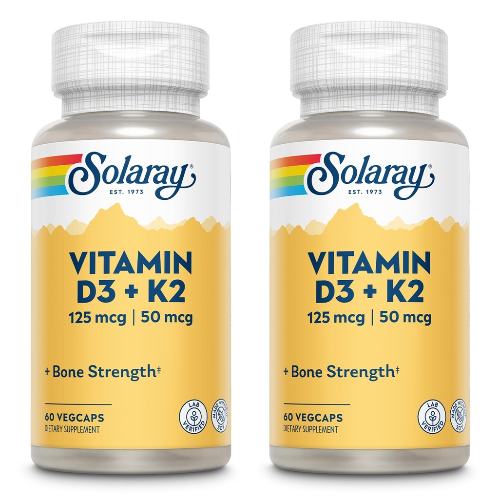 SOLARAY Vitamin D3 + K2, D & K vitaminer for kalsiumabsorpsjon og støtte for sunn kardiovaskulær system og arterier, ikke-GMO og ingen soya