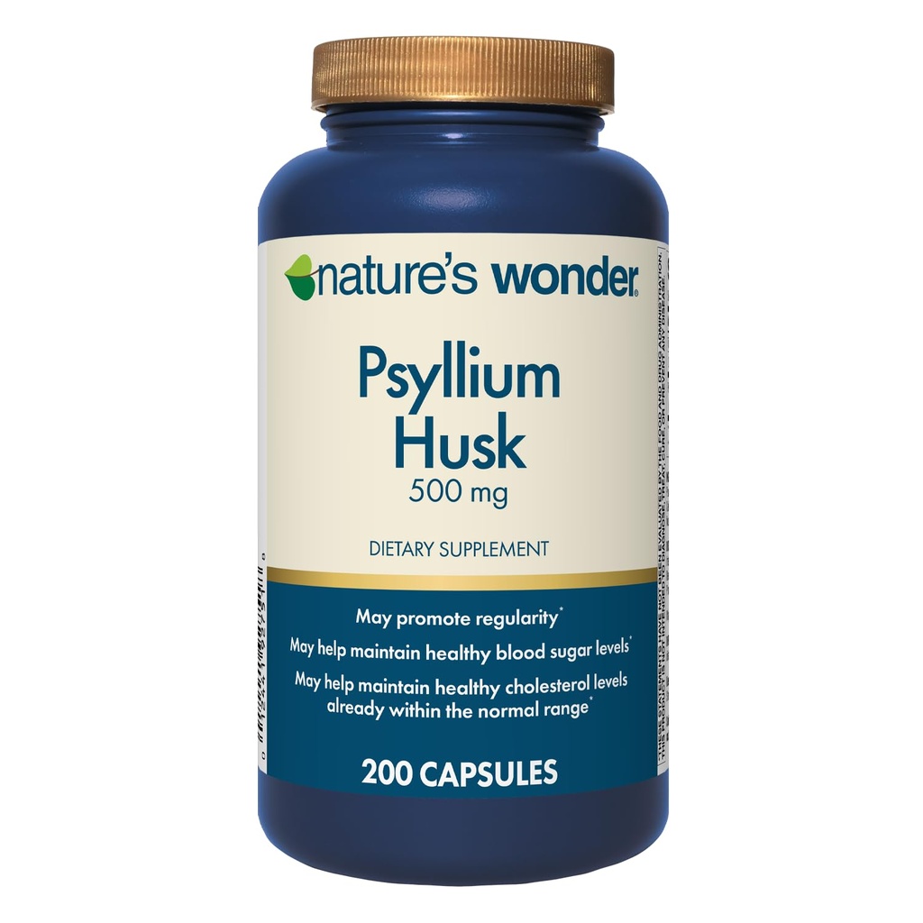 Naturens Wonder Psyllium Husk 500 mg kapsler for digestiv helse, plantebasert fiber, 200 teller